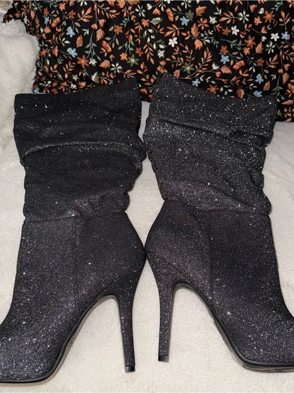 Sparkle Slouch Stiletto Boots - Black/Gray